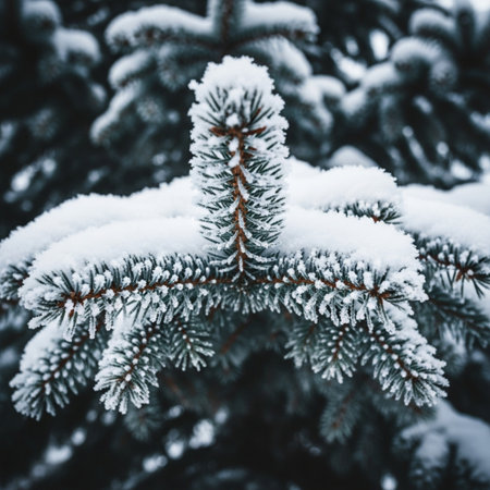Fir tree branches covered with snow in winter. Christmas background.の素材