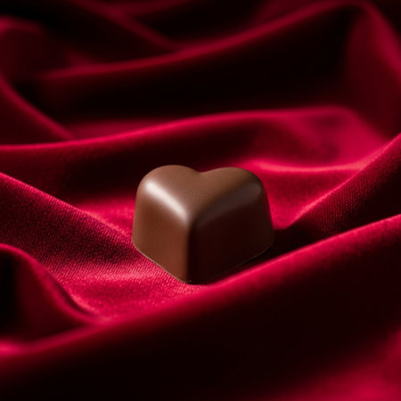 Chocolate heart on red satin background. Valentines day concept.の素材