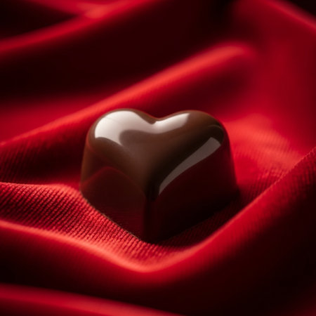 Chocolate heart on red satin background. Valentine's day concept.の素材