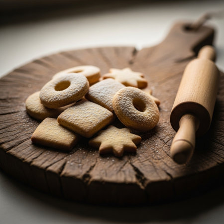 Christmas cookies on a wooden board with a rolling pin, selective focusの素材