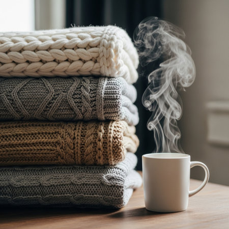 A stack of warm knitted sweaters and a cup of coffee on the windowsillの素材
