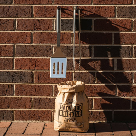 Bag with kitchen utensils in front of a brick wallの素材
