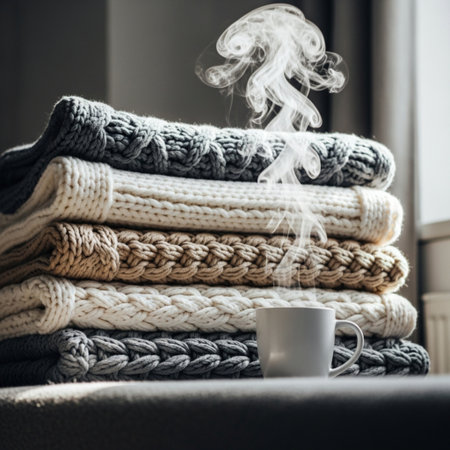 Stack of knitted sweaters and cup of hot coffee on sofa in living roomの素材