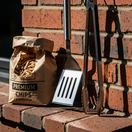 Brick wall with kitchen utensils and a bag of cigarettesの素材
