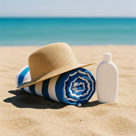 Sunblock bottle with hat and towel on the beach. Vacation conceptの素材