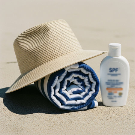 Beach hat, sunblock and towel on the sand with sun protection creamの素材