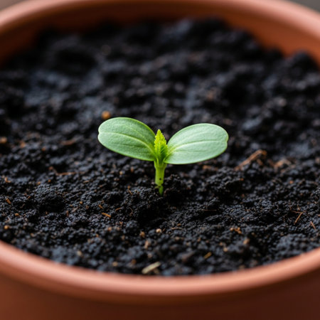Green seedling growing in pot, closeup. Gardening conceptの素材