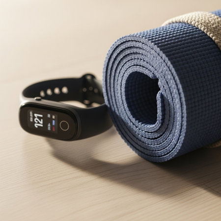 Fitness tracker and rolled up blue yoga mat on a wooden tableの素材