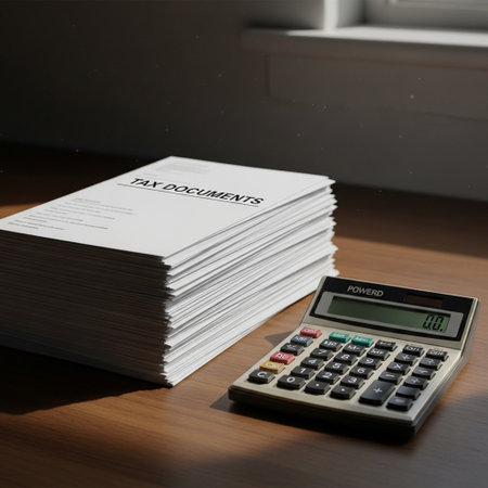 A stack of business papers and a calculator on a wooden table.の素材
