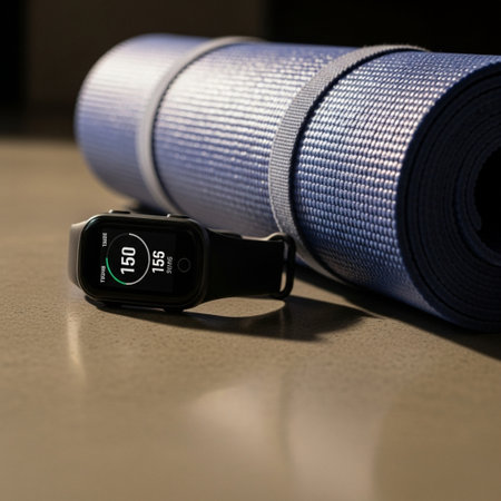 Close up of a fitness tracker and yoga mat on a table.の素材