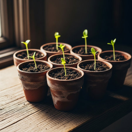 Small green seedlings in clay pots on the windowsill. Selective focus.の素材