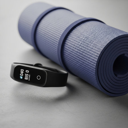 Fitness tracker and yoga mat on grey background. Healthy lifestyle conceptの素材