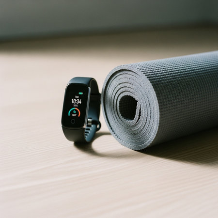 Fitness tracker with fitness mat on a wooden floor. The fitness tracker is used to measure the health of a healthy lifestyle.の素材