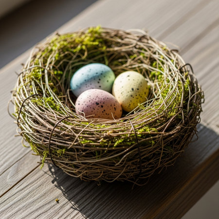 Easter eggs in a nest on a wooden background. Selective focusの素材