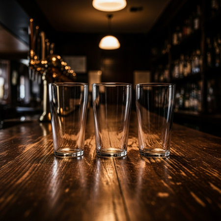 Empty glasses on a wooden table in a bar. Selective focus.の素材