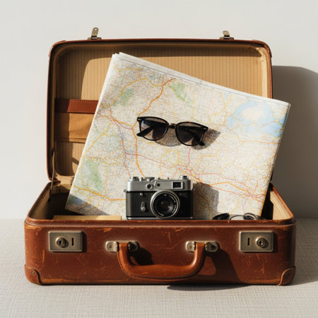 Suitcase with vintage camera, sunglasses and map on white backgroundの素材