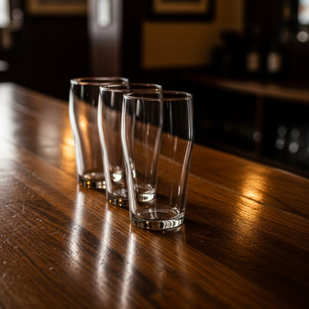 empty glasses on the table in a pub. shallow depth of fieldの素材
