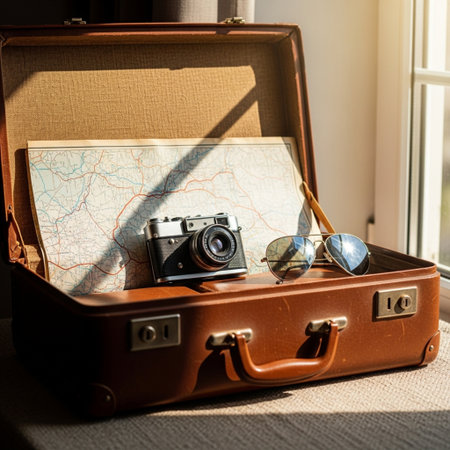 Vintage travel suitcase with camera, sunglasses and map on window backgroundの素材