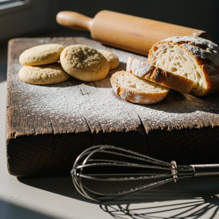 Freshly baked bread on wooden cutting board with rolling pin and whiskの素材