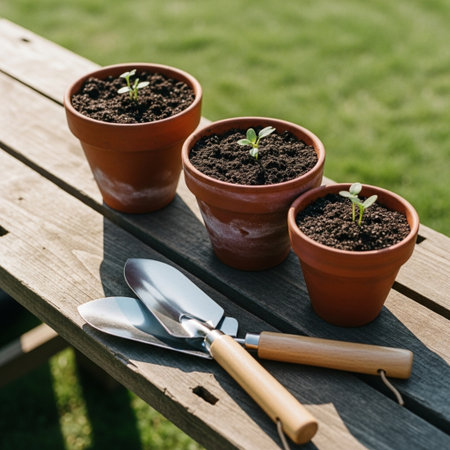 Gardening tools and seedlings in terracotta pots on wooden tableの素材