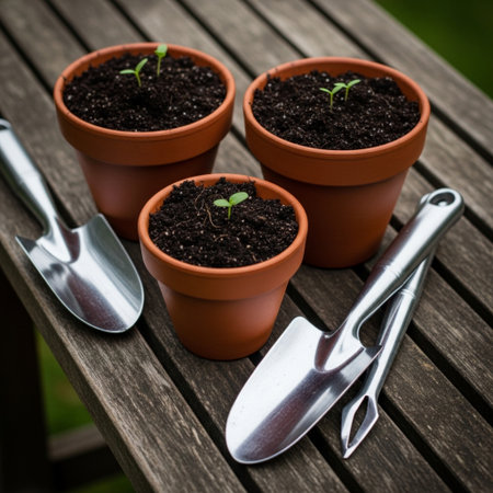 Planting seedlings in terracotta pots on a wooden tableの素材