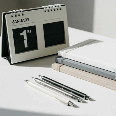 Calendar with January 1 date and office supplies on white table.の素材