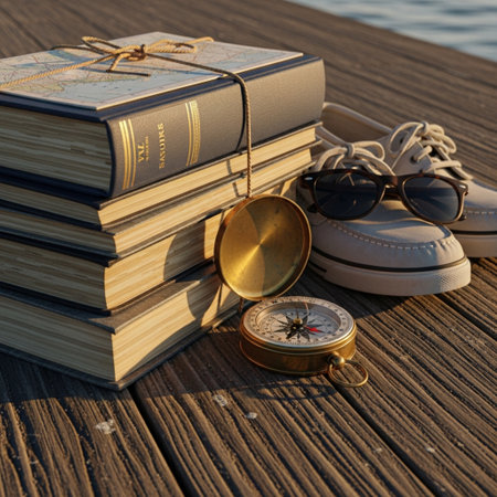 Vintage books, compass and shoes on wooden pier. Travel conceptの素材