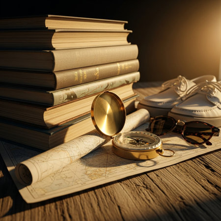 Pile of old books, compass and glasses on a wooden table.の素材