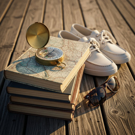 Pair of shoes, compass and book on a wooden deck.の素材