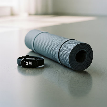 Fitness tracker and yoga mat on the floor in the room.の素材