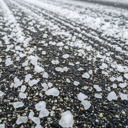 snow on the asphalt road in winter, closeup of photoの素材
