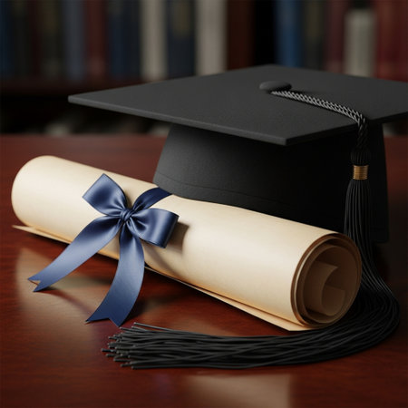 Graduation cap, diploma and rolled scroll on a wooden table.の素材