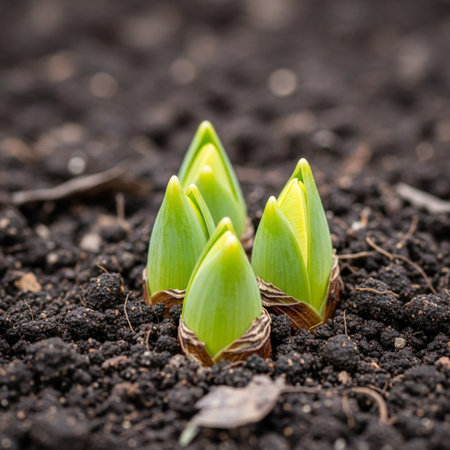 young sprouts of a hyacinth in the ground. macroの素材