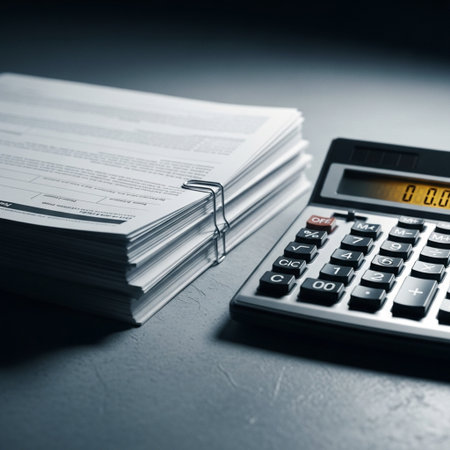 Calculator and stack of documents on the table, business conceptの素材