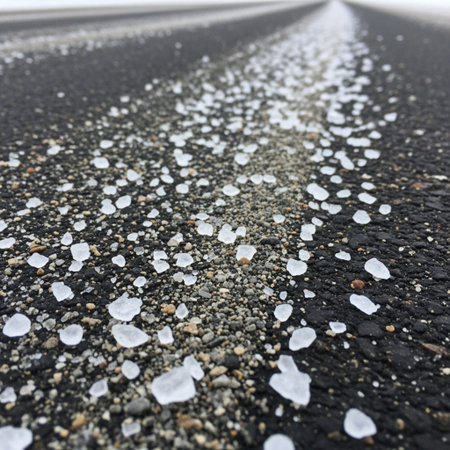 Asphalt road with ice on the ground, closeup of photoの素材