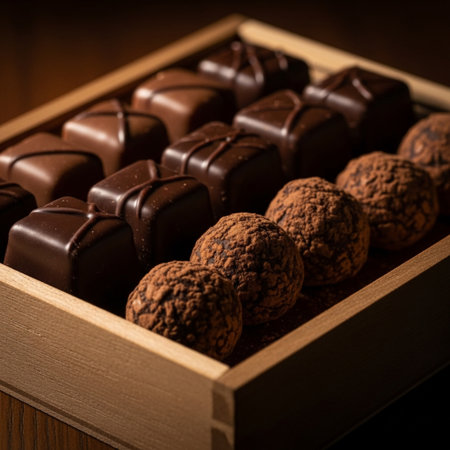Box of assorted chocolates on wooden background. Toned.の素材