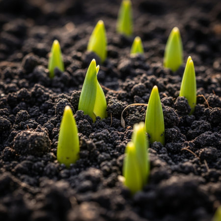 Young sprouts of a hyacinth in the ground. Macroの素材