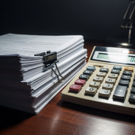 Calculator and stack of paper on office desk with black backgroundの素材