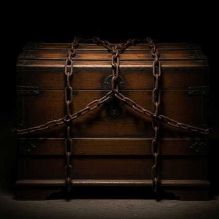 Wooden chest with chain and lock on dark background. Selective focus. Toned.の素材