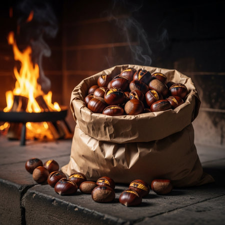Roasted chestnuts in a bag on a wooden table in front of a fireplaceの素材