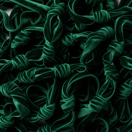 Green satin ribbons as a background texture pattern, top viewの素材