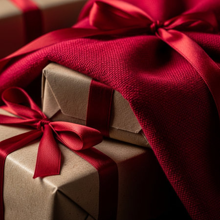 Gift boxes with red ribbons on a dark background. Toned.の素材