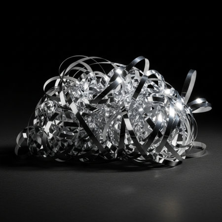 Shiny silver ribbons on black background. 3D illustration.の素材