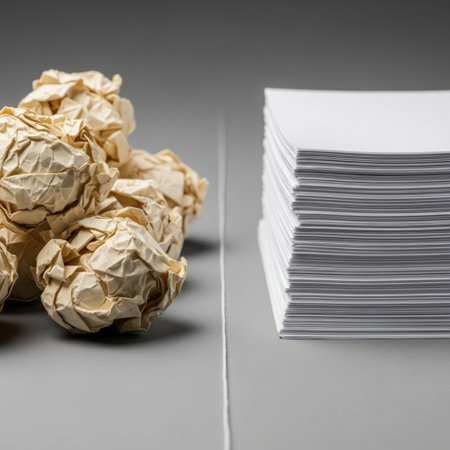 Crumpled paper balls and a stack of paper sheets on grey backgroundの素材