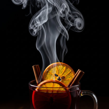 Hot mulled wine with cinnamon sticks and orange slices on black backgroundの素材