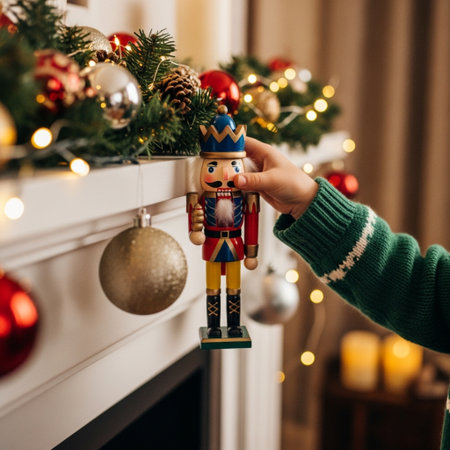 A girl in a green sweater holds a nutcracker in her hands.の素材
