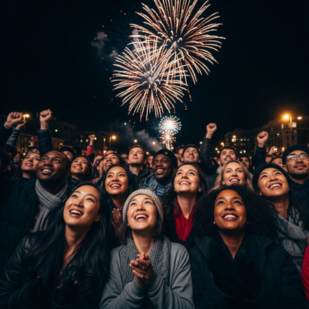 Group of diverse people celebrating new year eve and having fun with fireworksの素材