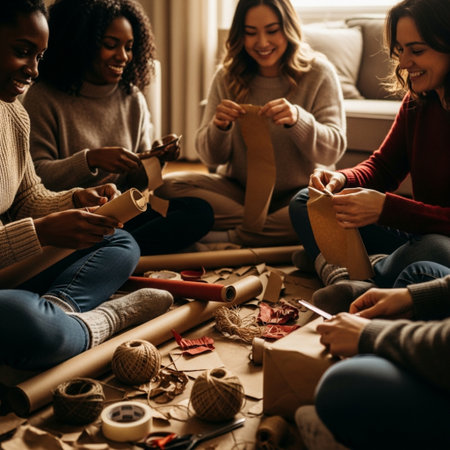 Group of young female friends making christmas decoration together at home.の素材