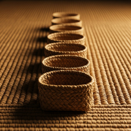 Wicker Baskets on a Bamboo Mat - Selective Focusの素材