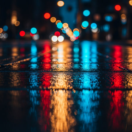 Raindrops on the asphalt with city lights in the background. Blurred backgroundの素材